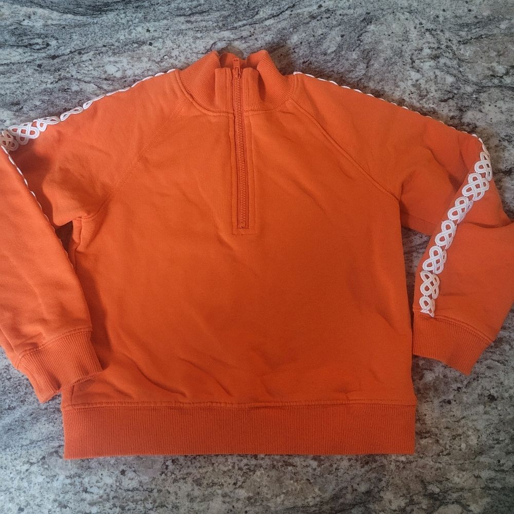 Orange Pullover Quarter Zip Sweatshirt Celtic Knot Sleeve Detail